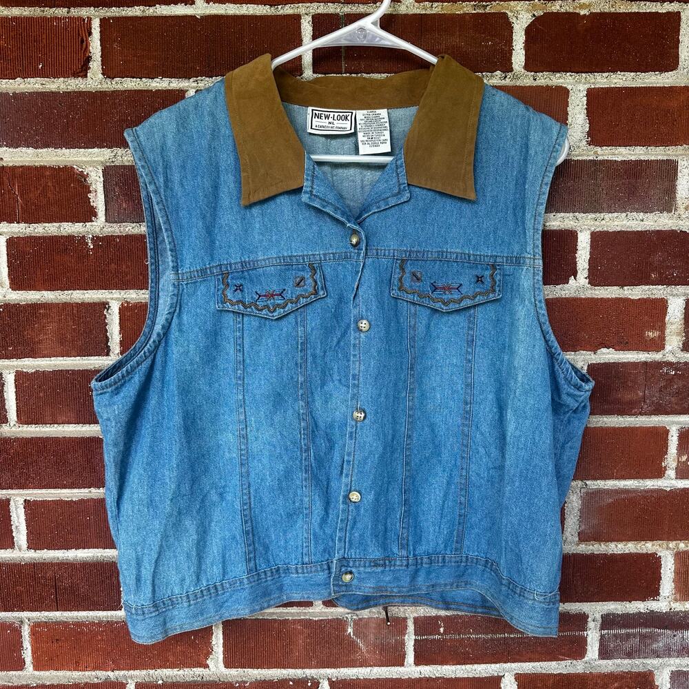 Vintage New Look Denim Western Sleeveless Vest Brown Collar XL